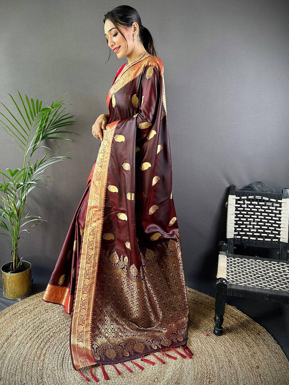 Brown Banarasi Soft Satin Masru Mango Silk Saree
