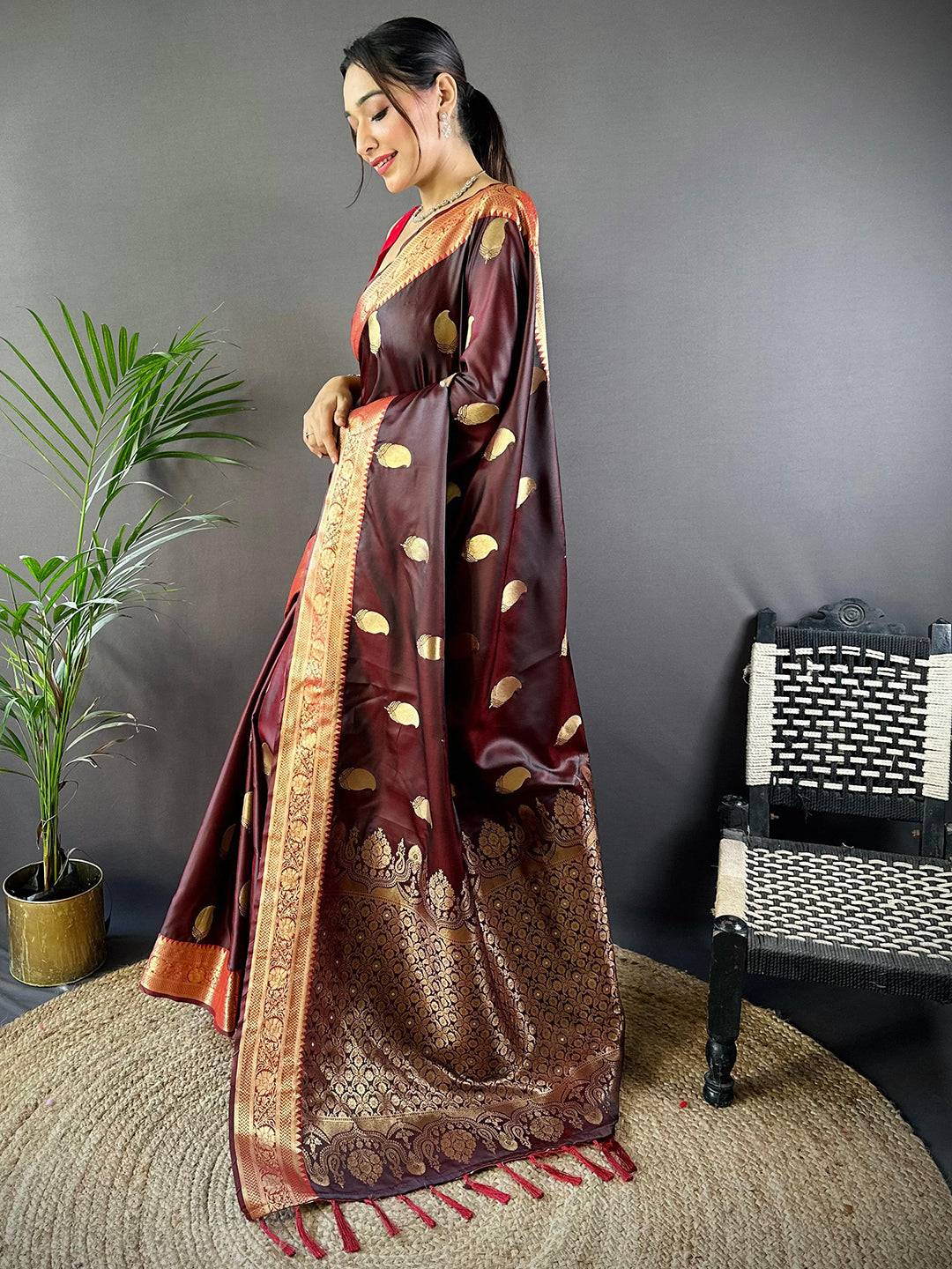 Brown Banarasi Soft Satin Masru Mango Silk Saree
