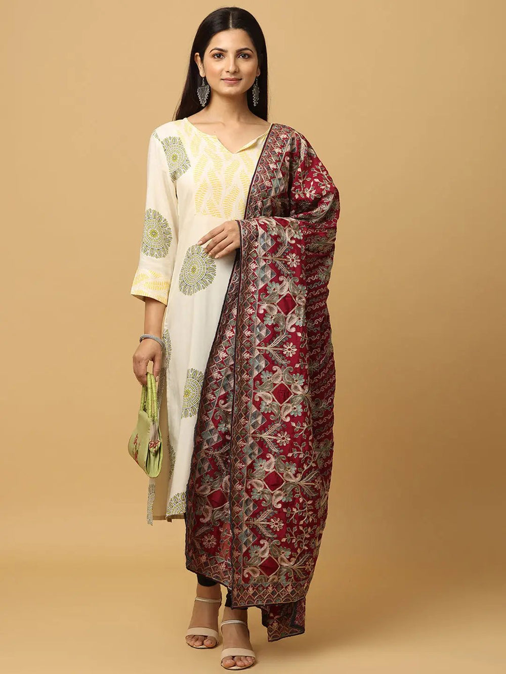 Model wearing wine poly chiffon pashmina threadwork dupatta
