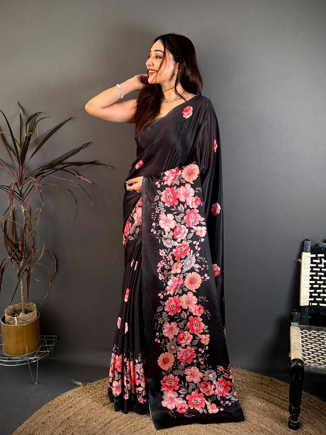 Black Floral Print Soft Chinnon Saree