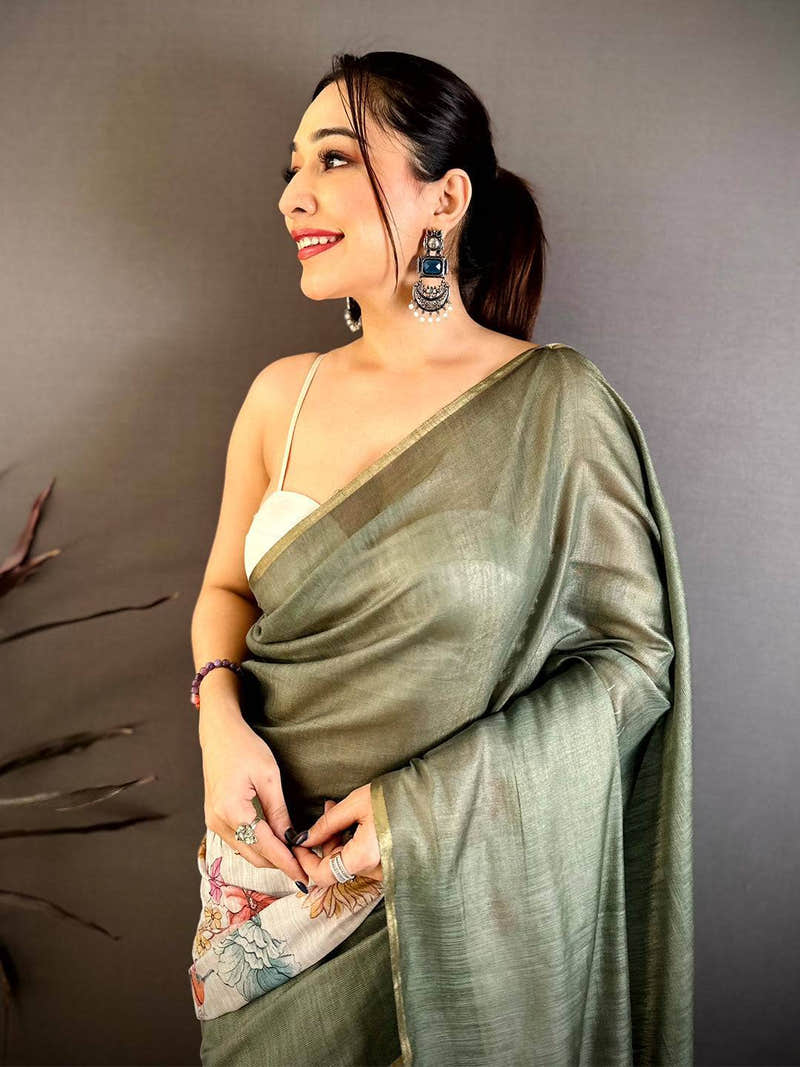 Olive Floral Ikat Linen Chanderi Saree
