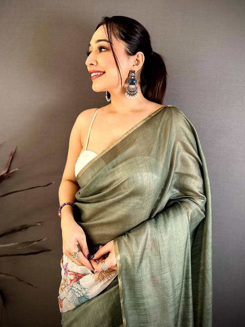 Olive Floral Ikat Linen Chanderi Saree