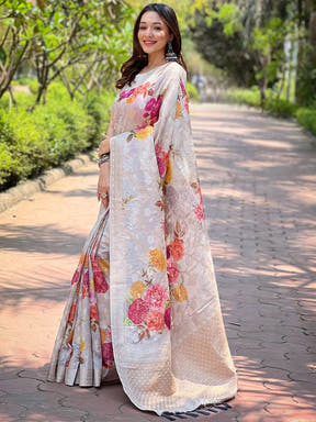 Grey Lakhnavi Bandla Zari Weaving Saree


