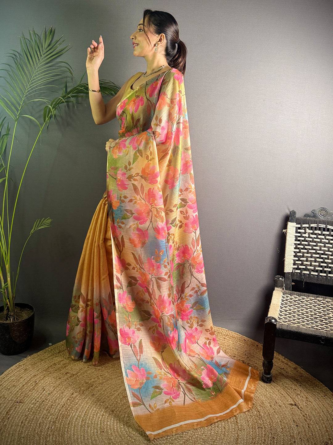 Mustard Yellow  Linen Juth Digital Print Saree