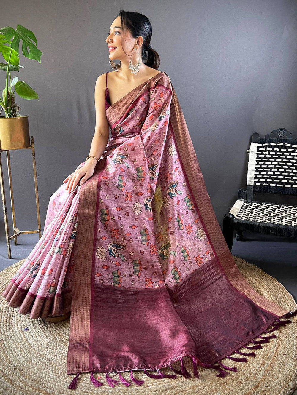 Brown Kalamkari Tussar Silk Saree