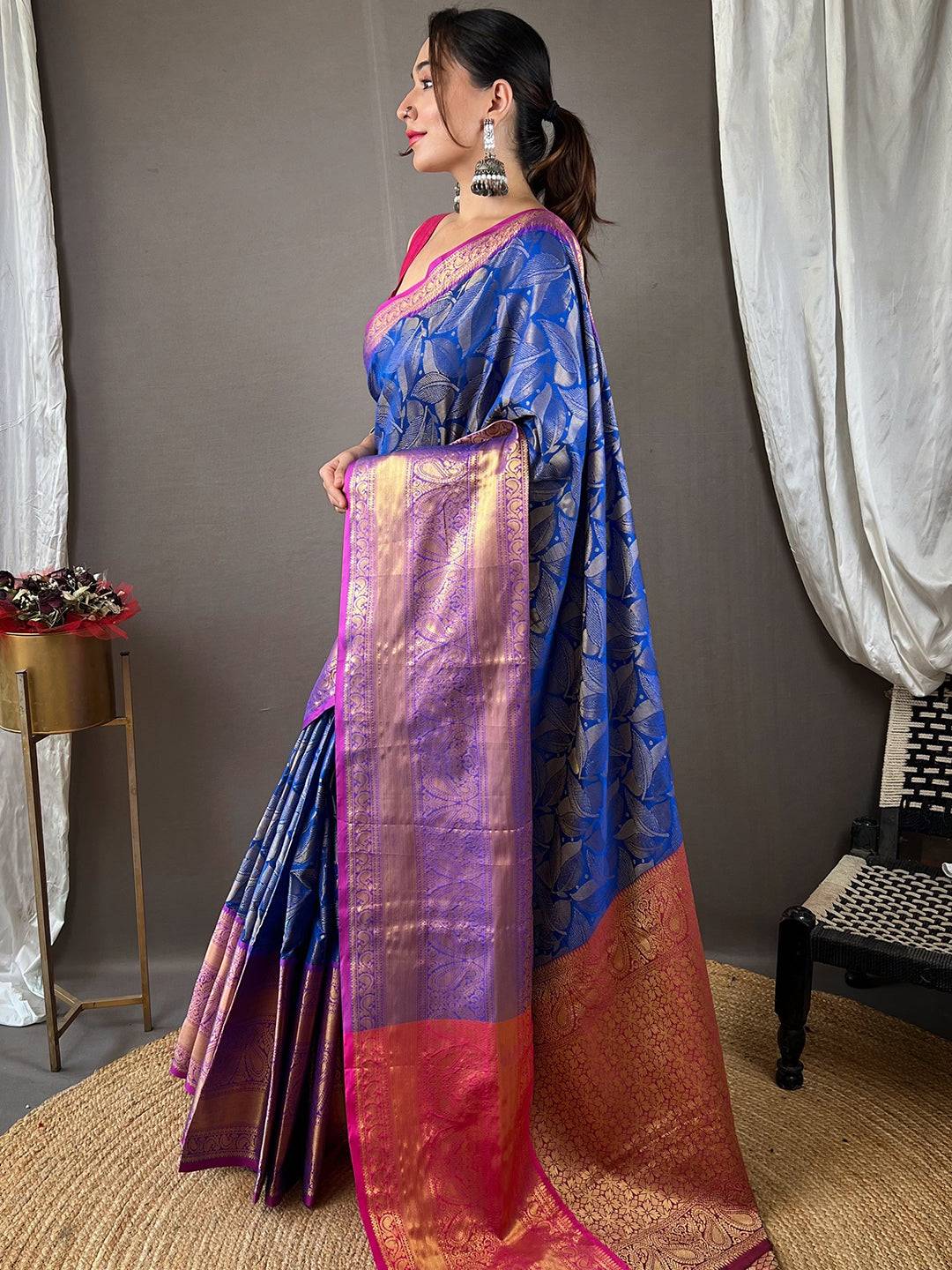 Exquisite blue Banarasi Saree featuring zari weaving