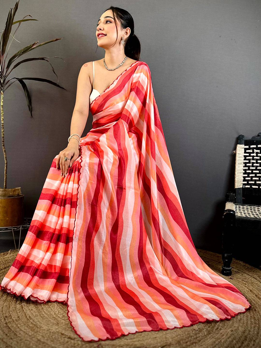 Royal Soft Chiffon Striped Cutwork Saree
