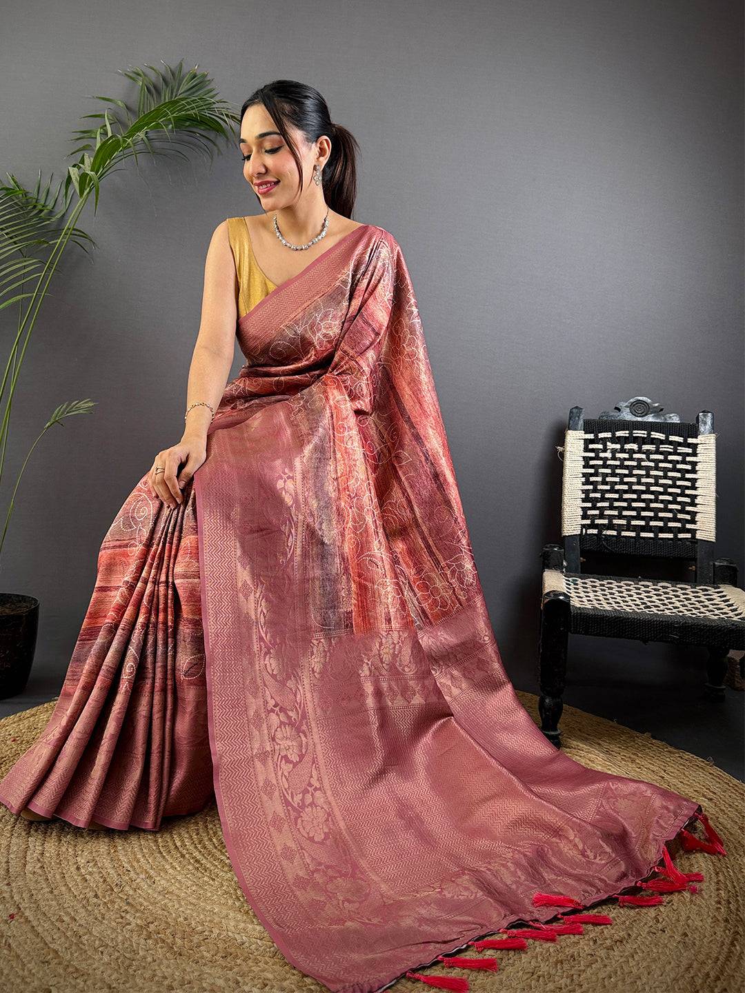 Rust Red Kanjivaram Silk Digital Print Saree