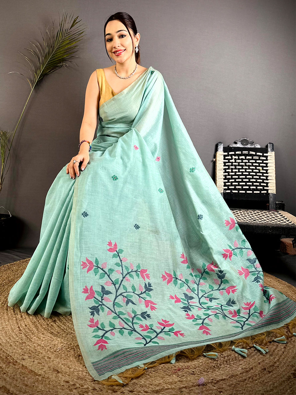 Sky Blue Jamdani Pallu Khadi Linen Saree