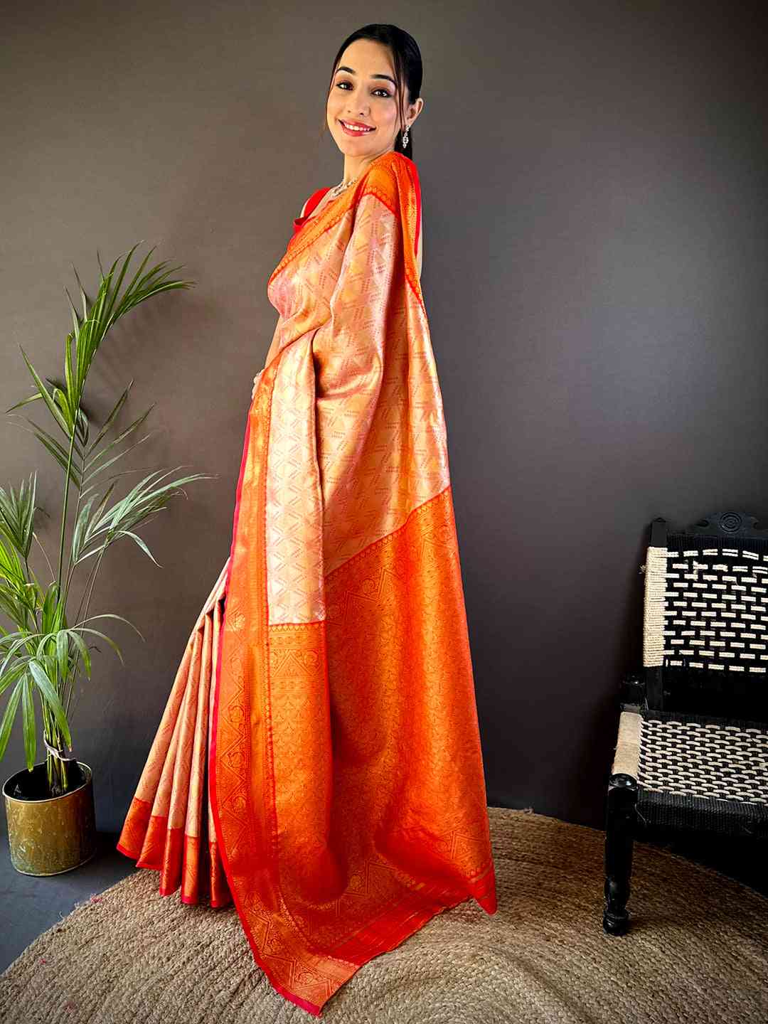 Red Golden Geometrics With Floral Elegance Sare
