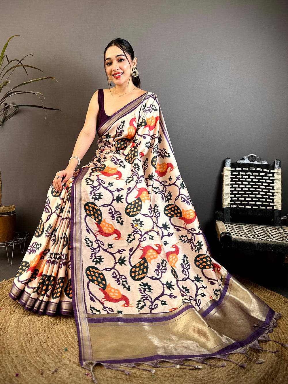 Stylish Gold Lakda Patta Kalamkari Saree