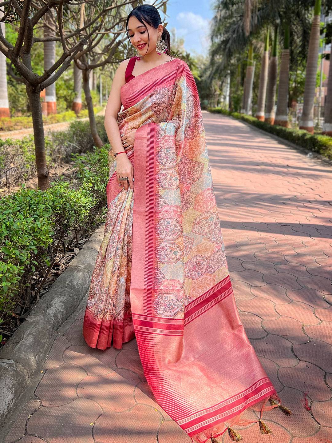 Elegant Madhubani Kalamkari saree with intricate block print design
