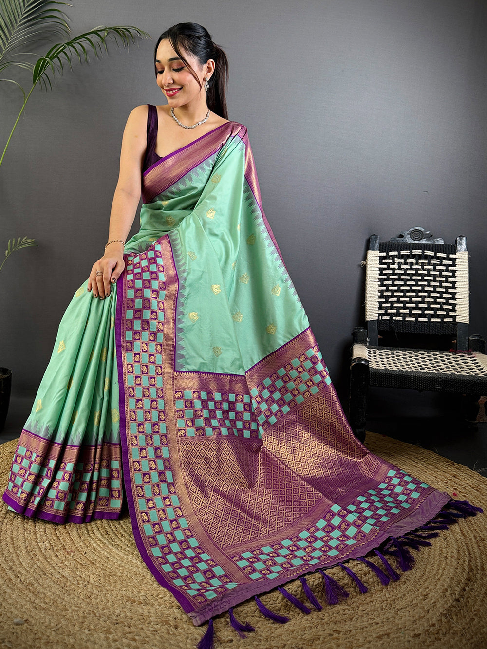 Royal Minakari Chess Border Soft Silk Saree