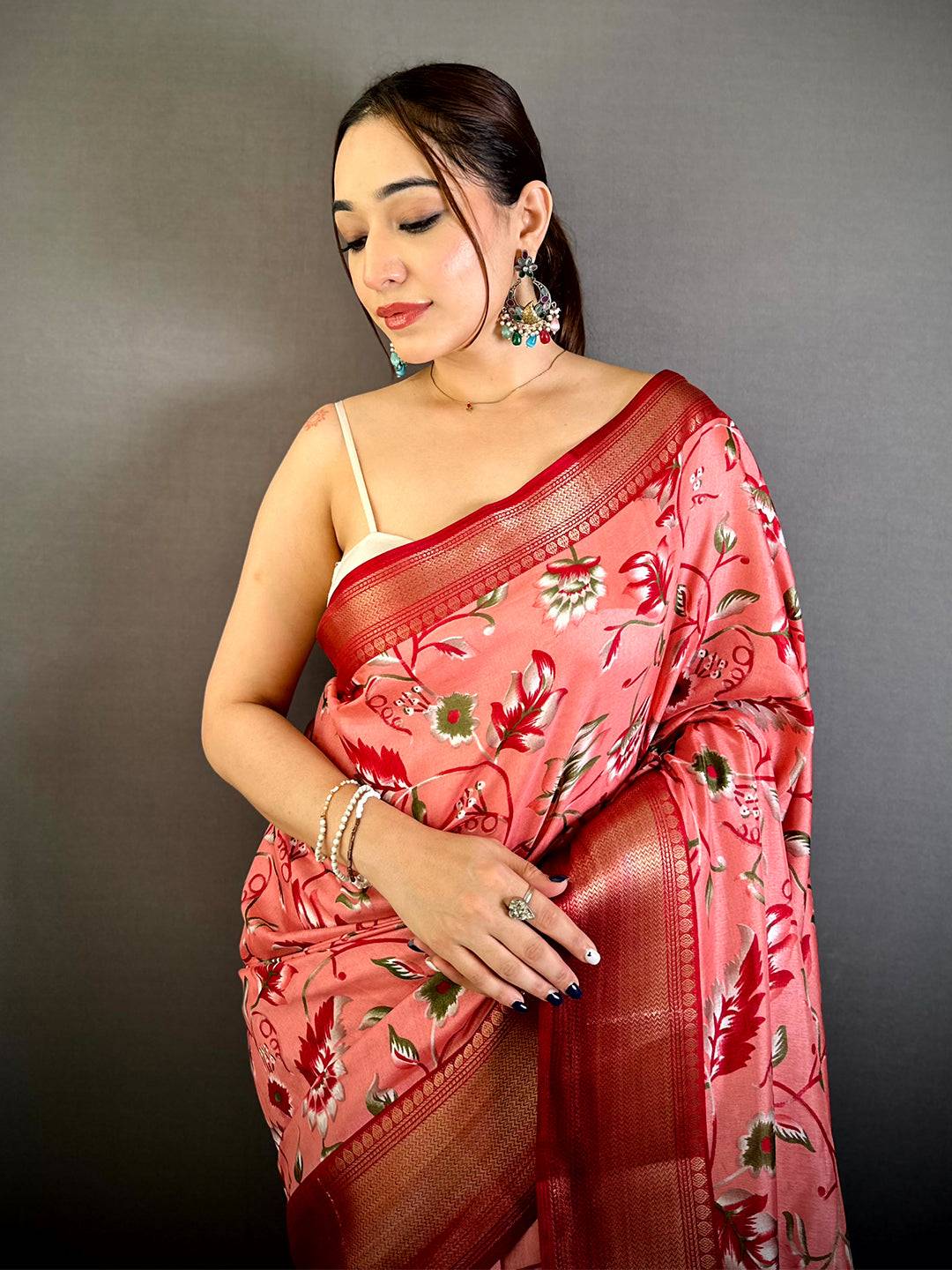 Peach Soft Dola Silk Floral Kanchi Border Saree