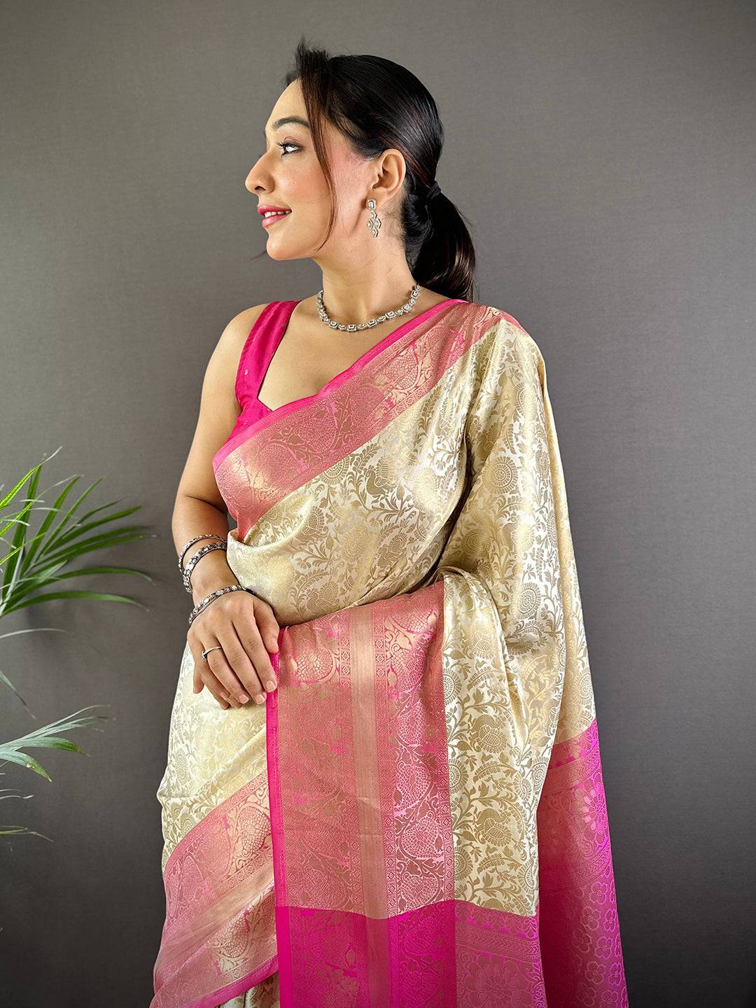 Elegant Royal Banarasi Kora Katan Silk Saree in beige and pink