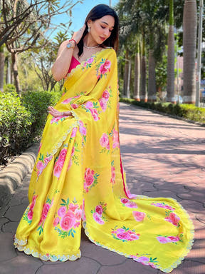 Satin georgette saree with floral pattern and zircon border