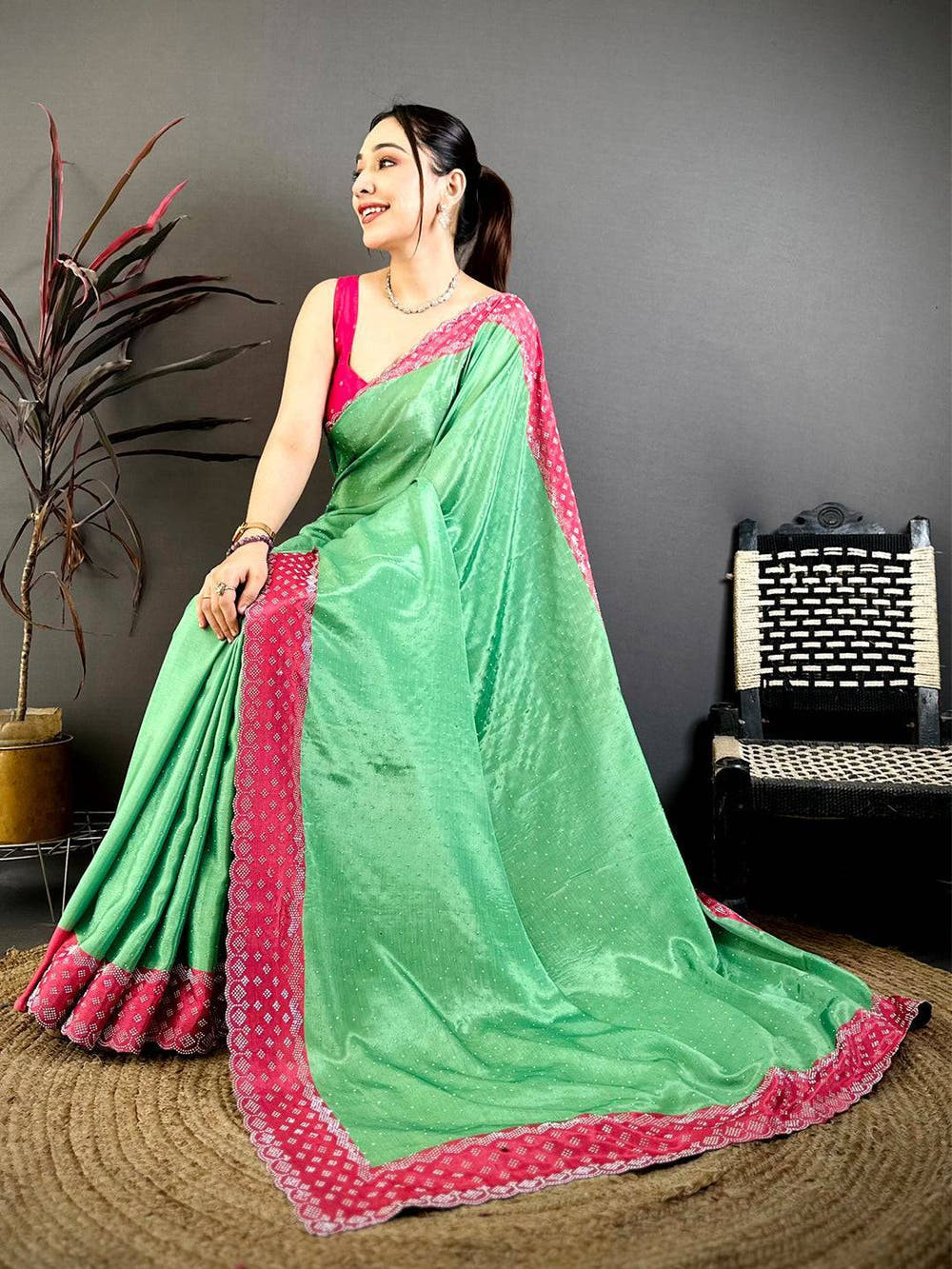 Green Poly Chiffon Diamond Stone Work Saree