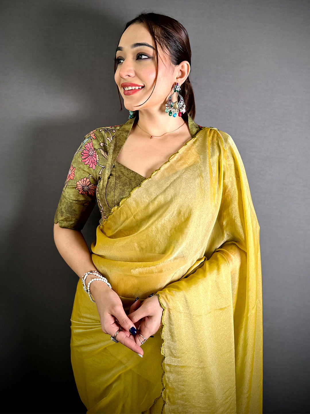 Stylish Mustard Silk Embroidery Cutwork Saree