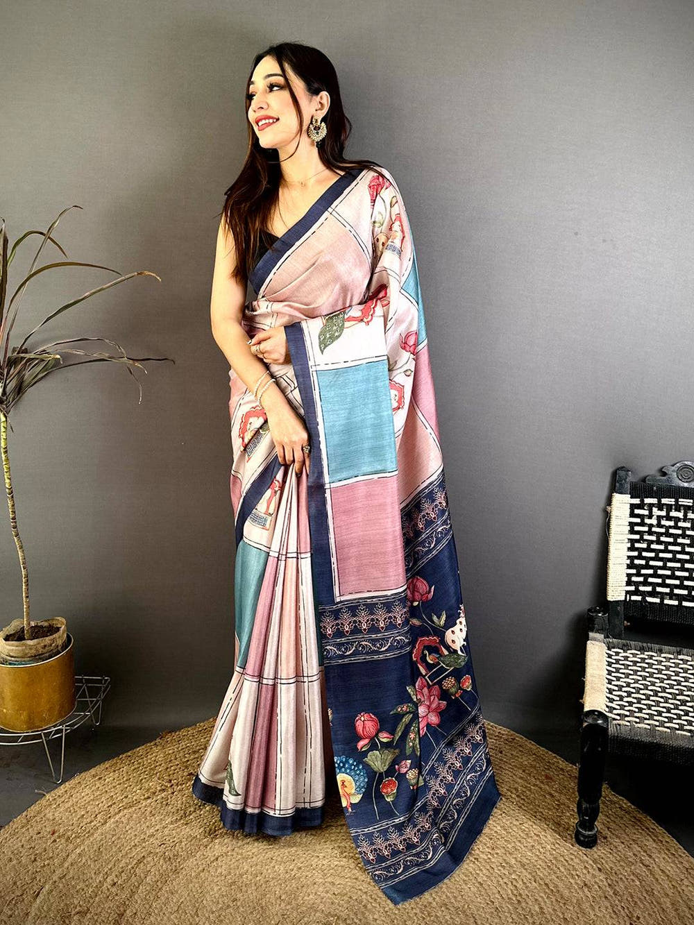 Celebrity Tussar Contrast Kalamkari Pallu Saree
