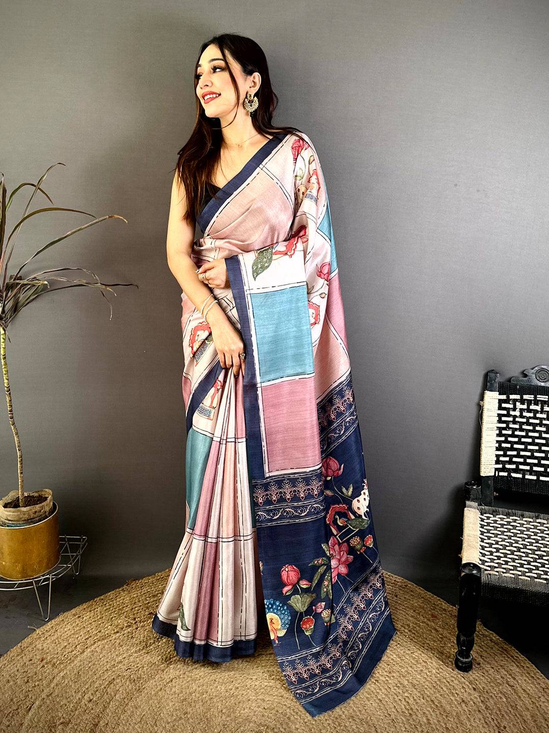 Celebrity Tussar Contrast Kalamkari Pallu Saree