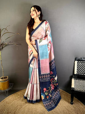 Celebrity Tussar Contrast Kalamkari Pallu Saree