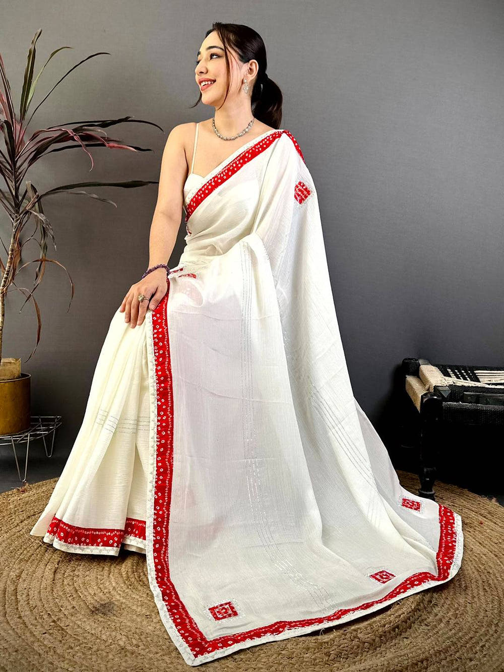 Red Bandhej Butta Chiffon Saree
