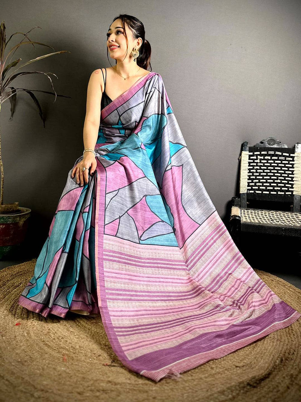 Tussar Multi Colour Ghicha Print Saree