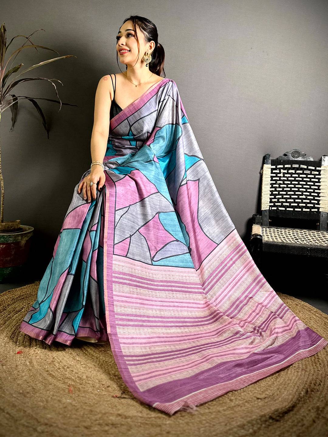 Tussar Multi Colour Ghicha Print Saree