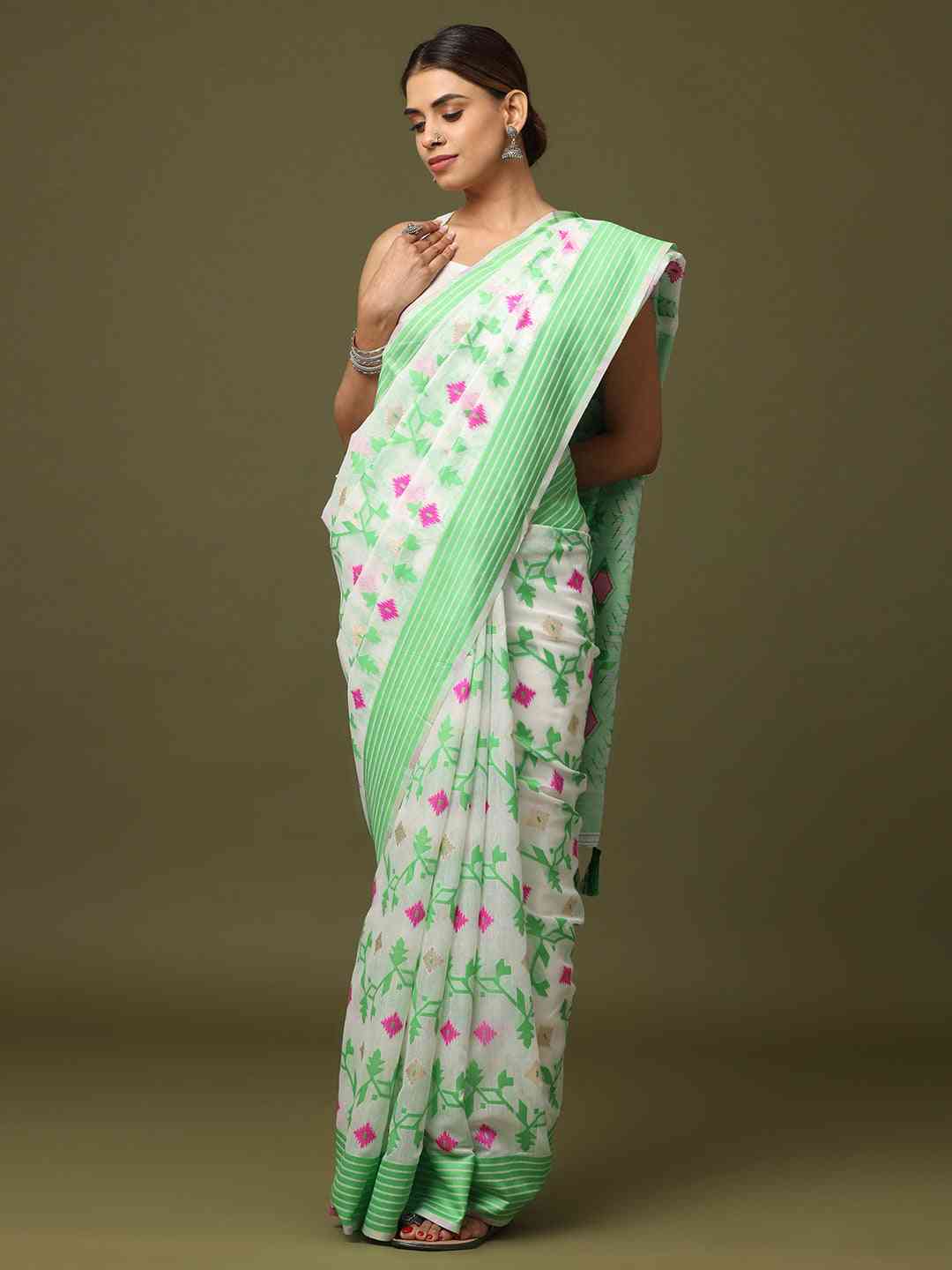 Lovely Dhakai Jamdani saree in green and pink floral design