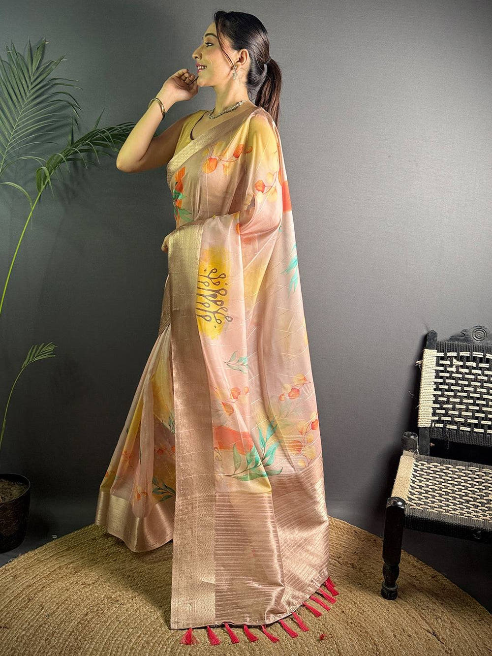 Blush Pink Soft Organza Silk Floral Saree