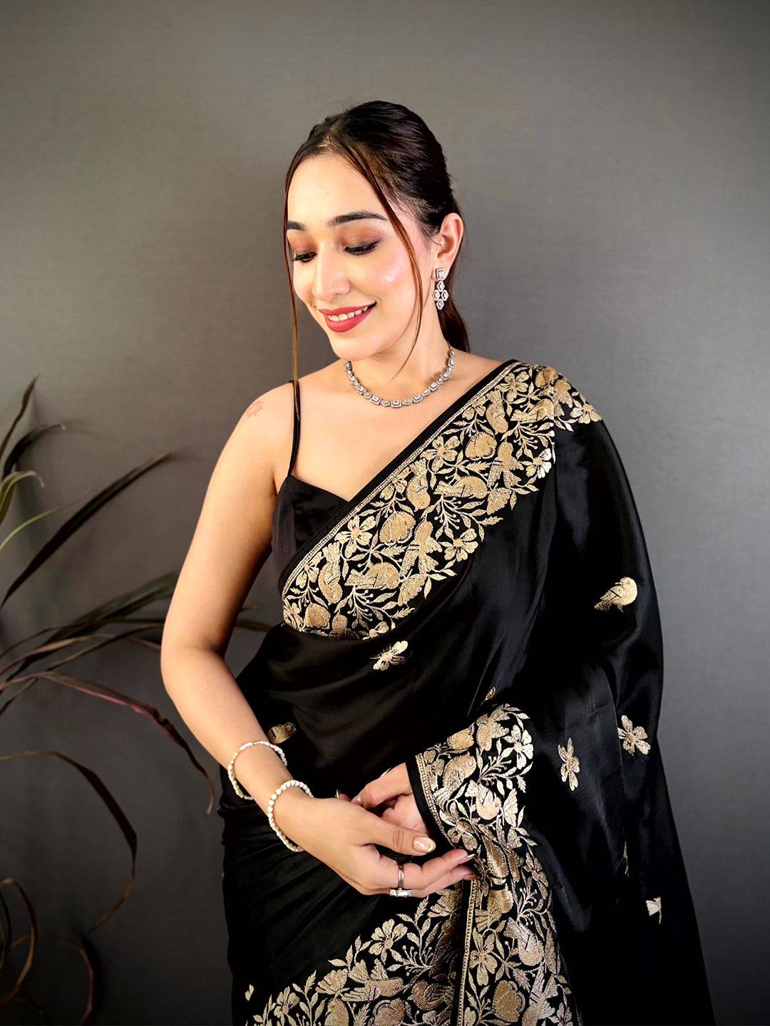 Black Aari Bird Work Soft Satin Saree