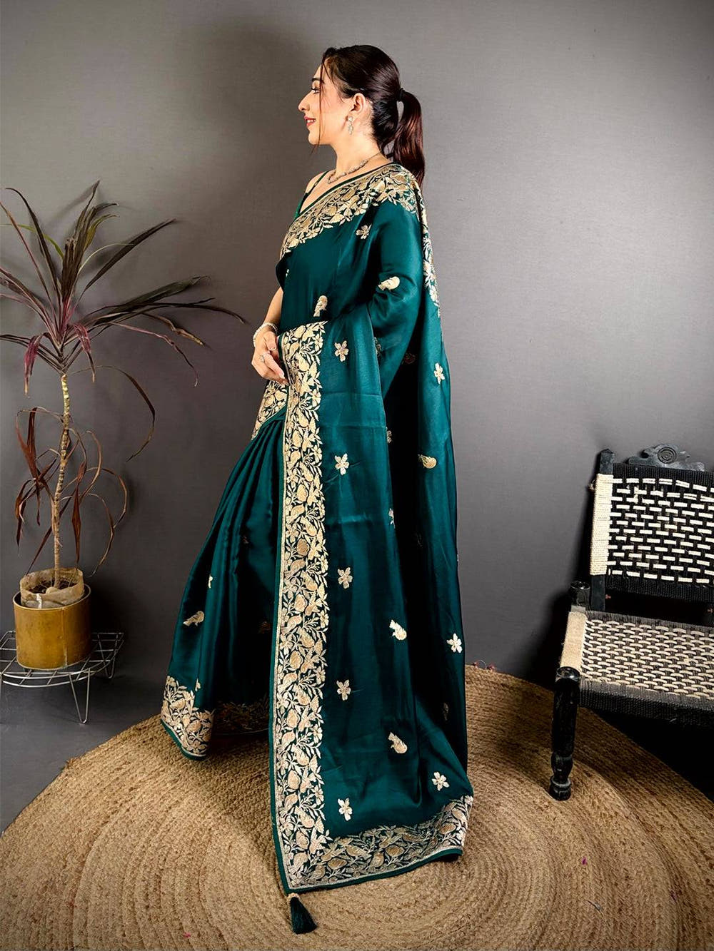 Green Aari Bird Work Soft Satin Saree