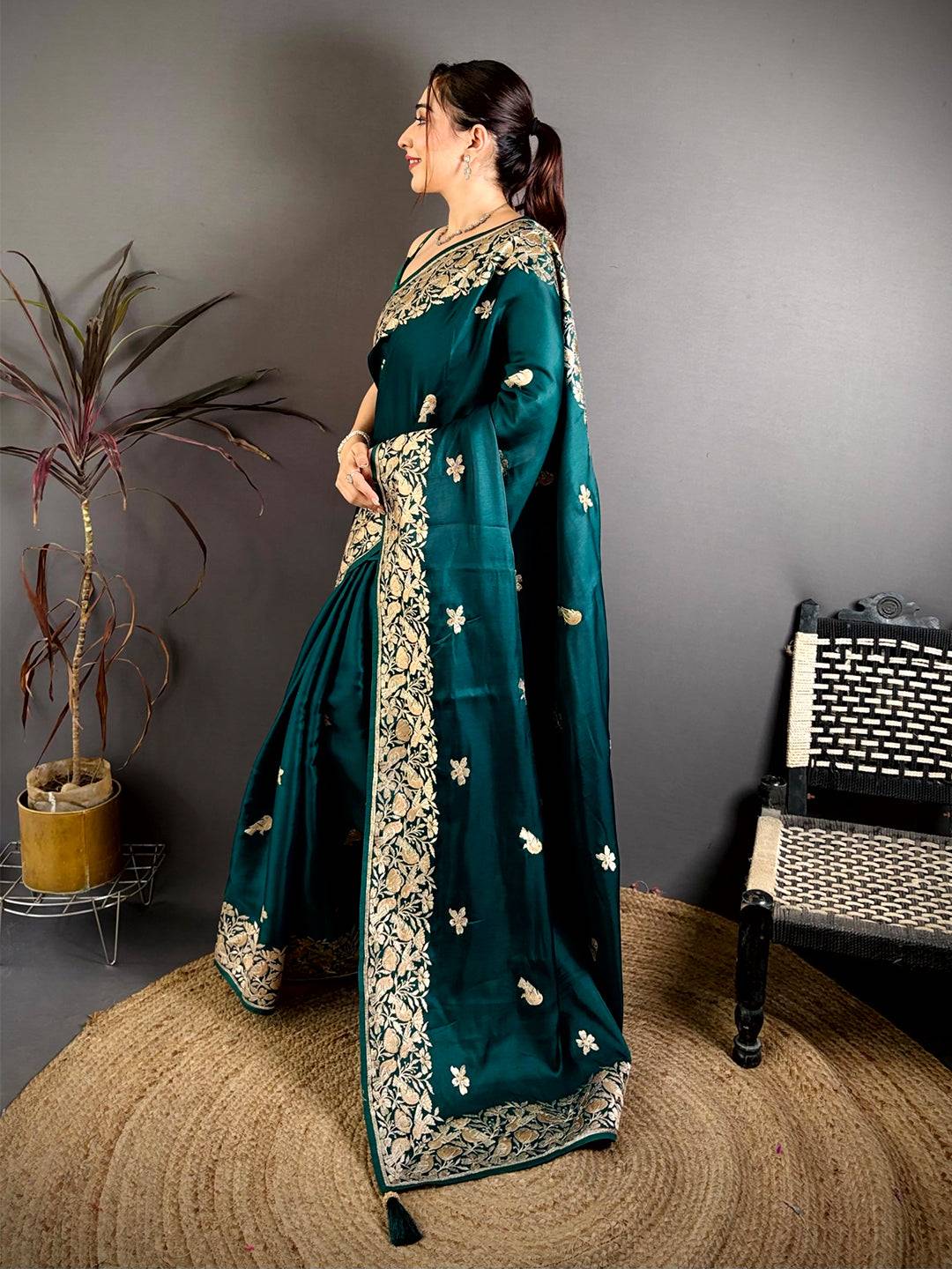 Green Aari Bird Work Soft Satin Saree