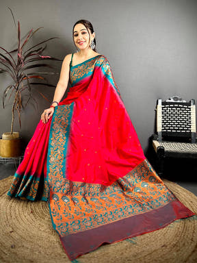 Pink Soft Silk Kanjivaram Saree with intricate gold zari border