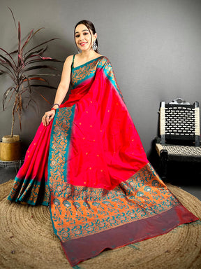 Pink Soft Silk Kanjivaram Saree with intricate gold zari border