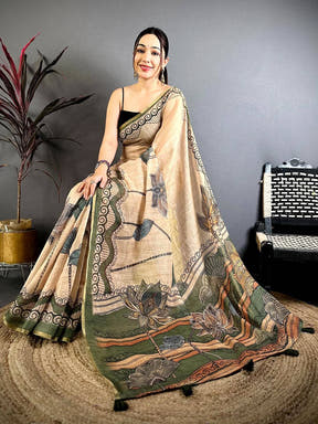 Elegant Freehand Kalamkari Linen Saree



