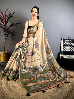 Elegant Freehand Kalamkari Linen Saree


