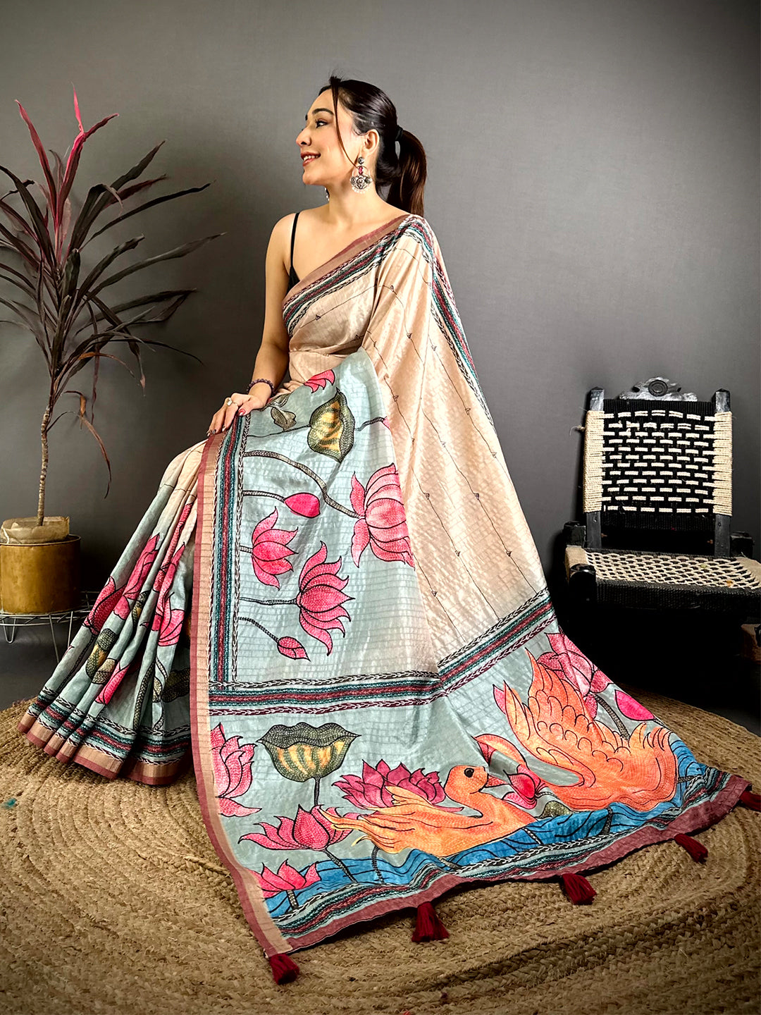 Royal Madhubani Katha Effect Tussar Saree