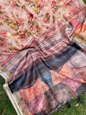 Soft Kota Doriya Silk Saree With Flower & abstect Prints