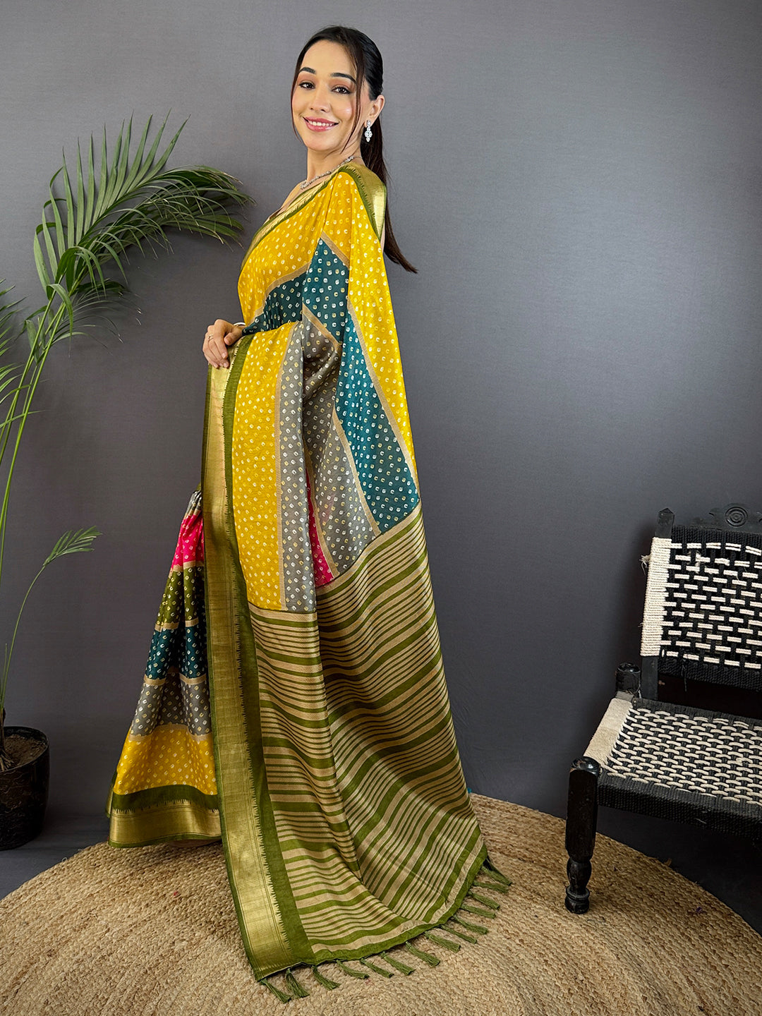 Olive Soft Dola Bandhej Print Saree