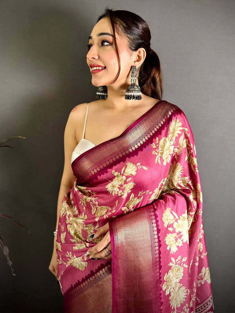 Pink Dola Big Floral Zari Kanchi Saree