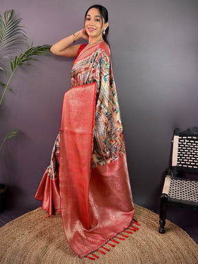 Multi Cherry Satin Kalamkari Saree