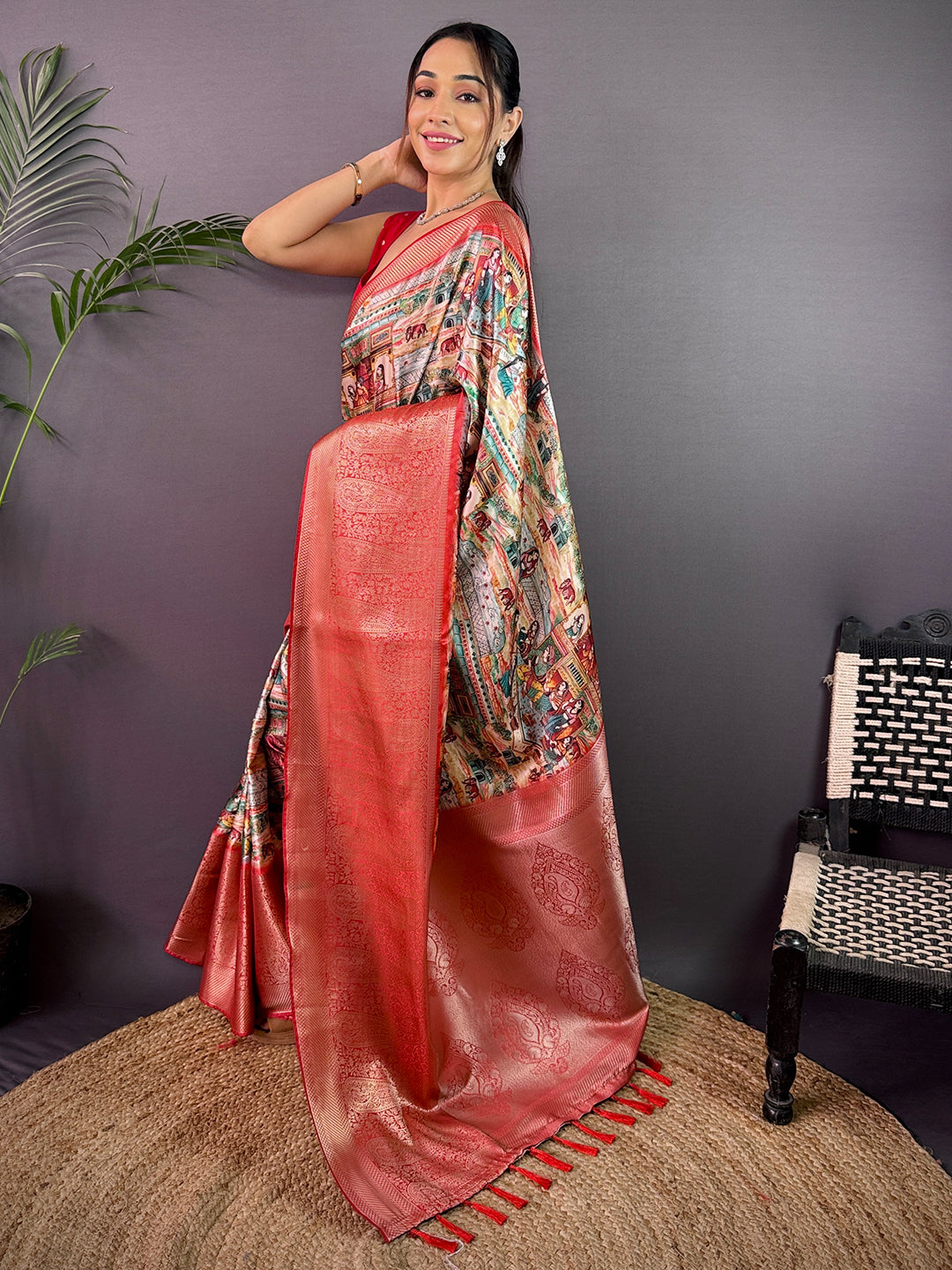 Multi Cherry Satin Kalamkari Saree