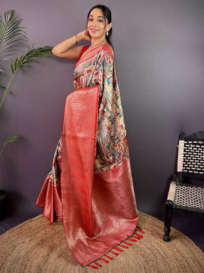 Multi Cherry Satin Kalamkari Saree