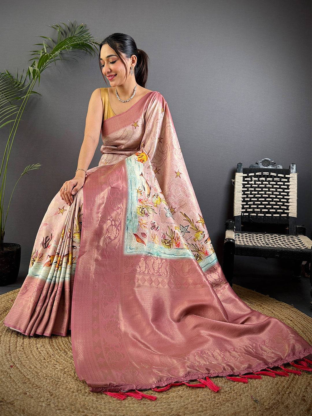 Rust Pink Kanjivaram Silk Digital Print Saree