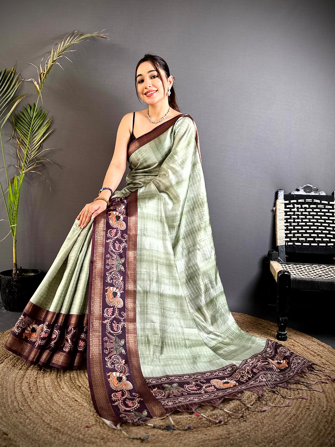 Sage Green Shibori Print Semi Silk Saree