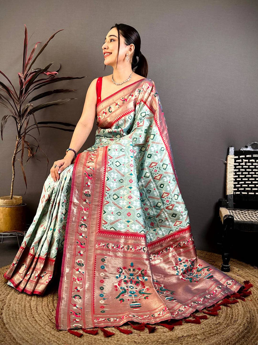 Aqua Patola Silk Zari Weaving Saree