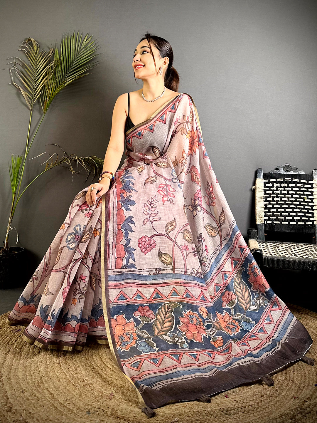 Regal Floral Hand Art Linen Saree