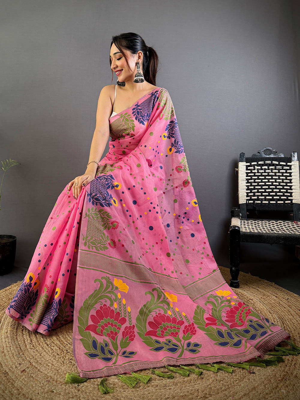 Pink Dhakai Jamdani Cotton Silk Saree