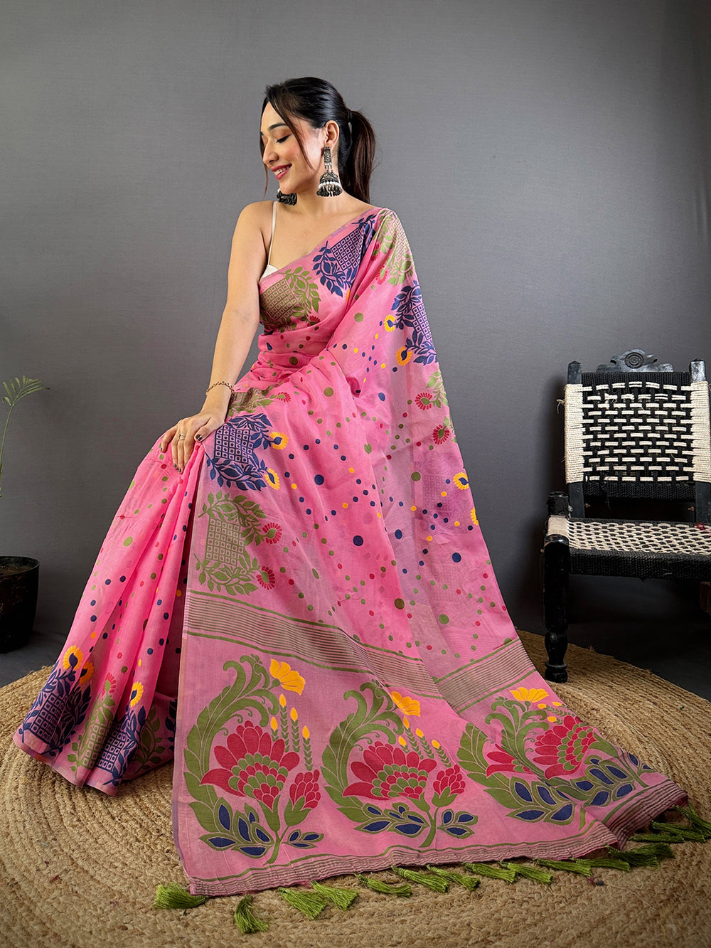 Pink Dhakai Jamdani Cotton Silk Saree